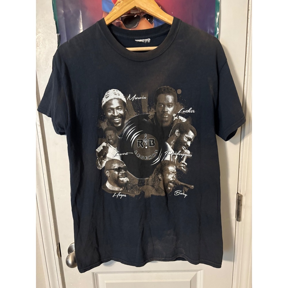 Mens R&B Legends Graphic T-Shirt Marvin Gaye Luther Vandross Faded Black Large